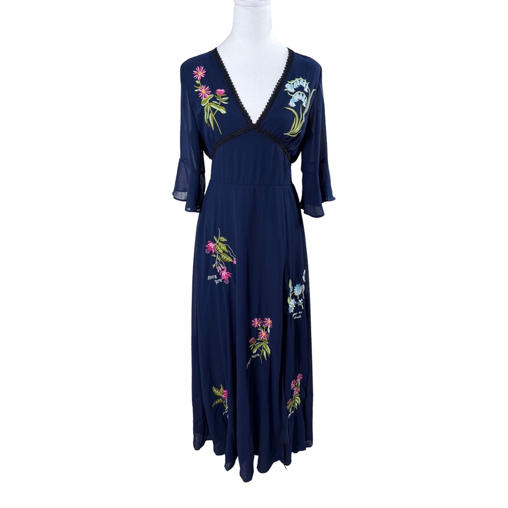 Unbranded Floral Embroidered Maxi Dress Women S Navy Blue Lace Trim Bell Sleeve